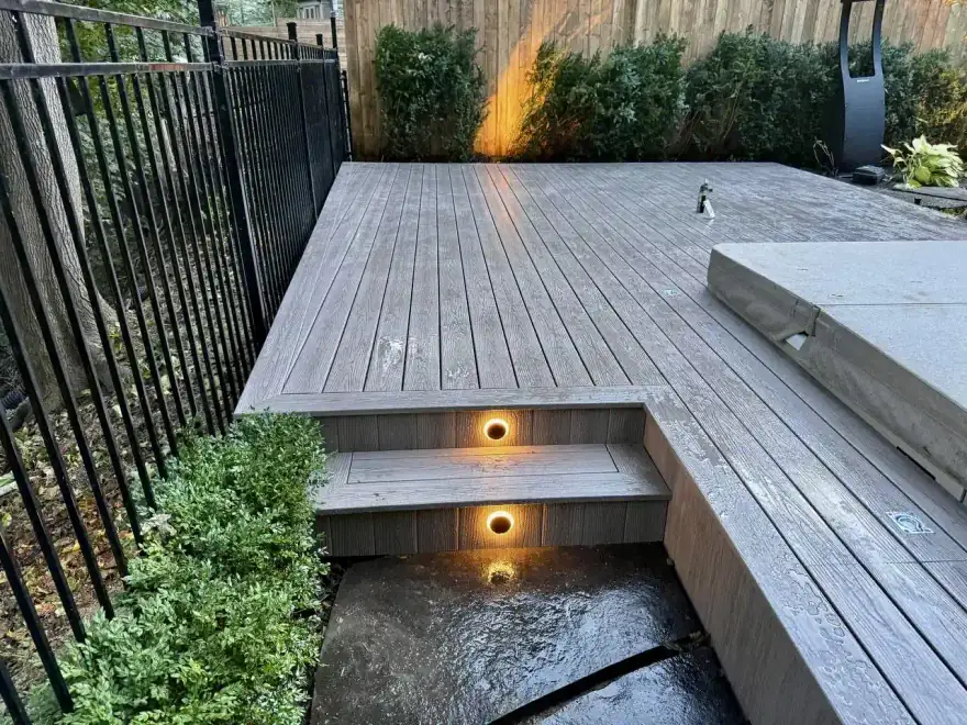 Illuminated cedar deck structure by The Wolfs, Etobicoke